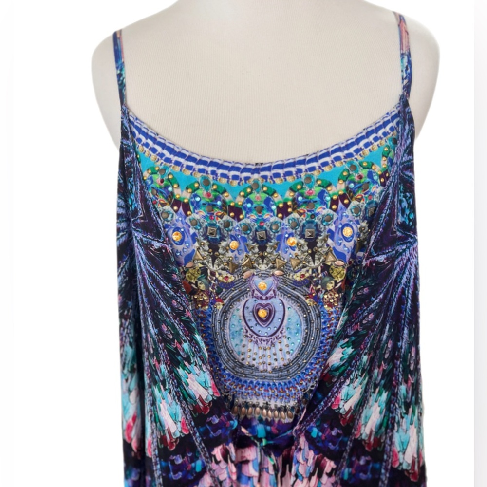Camilla Maxi Dress Mini w/ Long Over Layer Tie Front Hi-Lo Sparkled Mixed Print - Picture 2 of 13